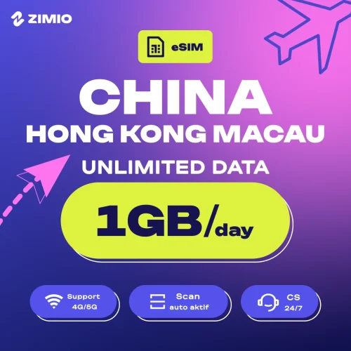 ZIM_Tokped_Price_HK Macau_1GB_Perday ZIMIO eSIM China, Hongkong & Macau Unlimited