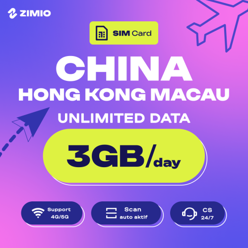 ZIM_Tokped_Price_HK Macau_3GB_Perday_Card ZIMIO SIM Card China, Hongkong & Macau Unlimited